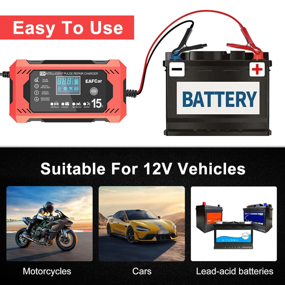 EAFCar 12V trickle charger back panel with clear indicators for safe maintenance.