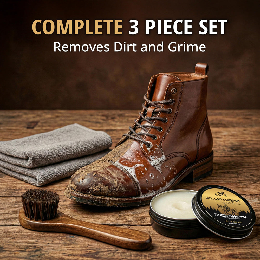 Eagle Saddle Soap Kit used on leather boots for cleaning and conditioning