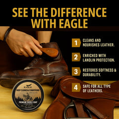Eagle Saddle Soap Kit packaging on display emphasizes a complete leather care solution