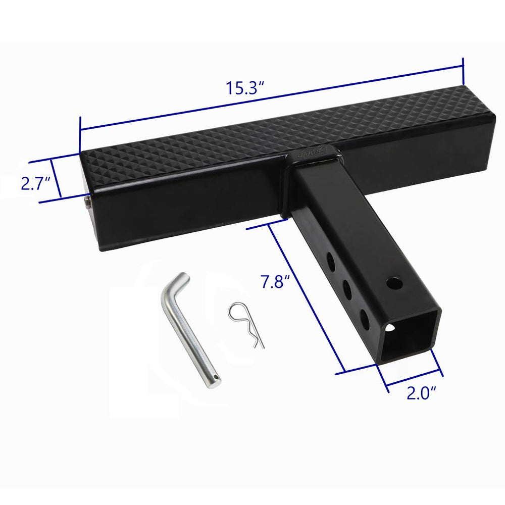 Eapele hitch step includes hitch pin and clip for quick securement.