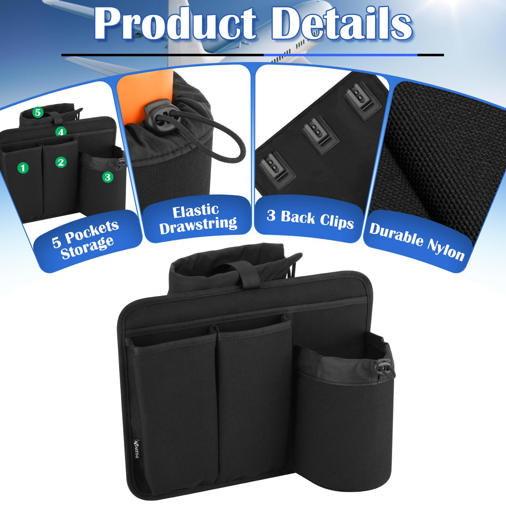 Multi-pocket travel organizer holds phone, passport, and snacks for easy reach.
