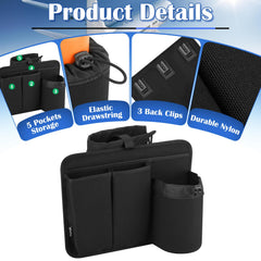 Multi-pocket travel organizer holds phone, passport, and snacks for easy reach.