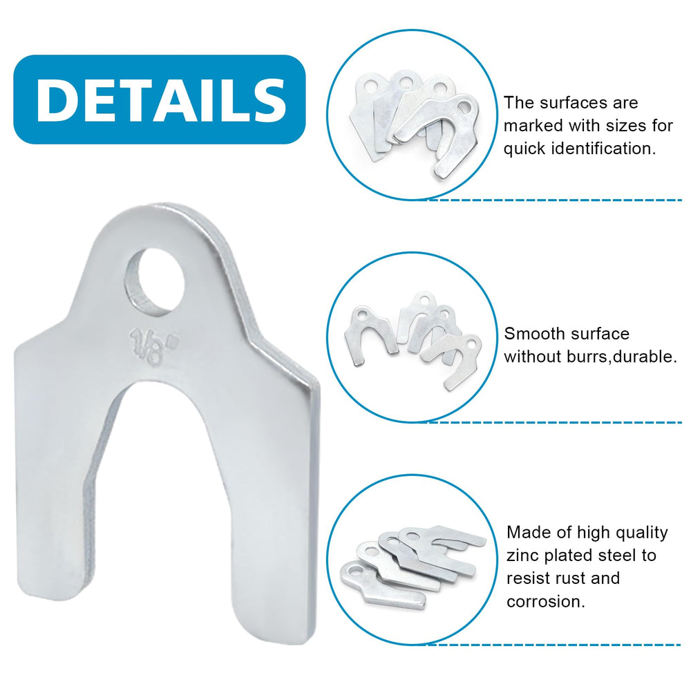 Easily 1-64-inch to 1-8-inch shims arranged by size for quick camber, caster, and toe tweaks.