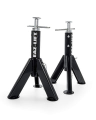 Eaz-Lift Camco telescopic RV jack in use stabilizing a trailer on uneven ground.