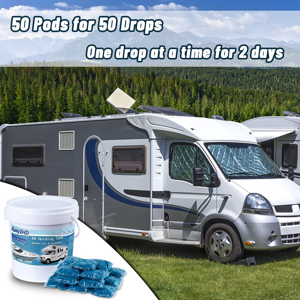 Treatment reducing odors inside an RV holding tank for a fresher space.