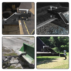 EBESTTECH red powder-coated hitch clamps on loader bucket without drilling.