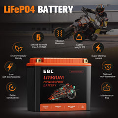 EBL lithium YTX20L-BS battery side with terminals visible for quick installation
