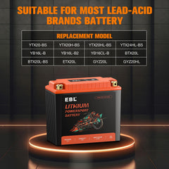 EBL lithium YTX20L-BS battery warranty seal indicating reliability and support