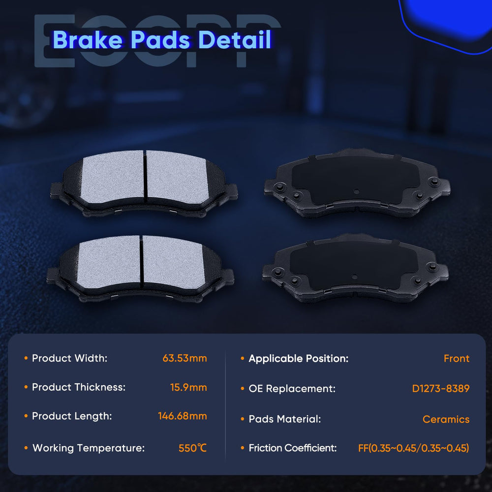 ECCPP front ceramic pads for Wrangler cut dust and deliver stable braking under varied conditions