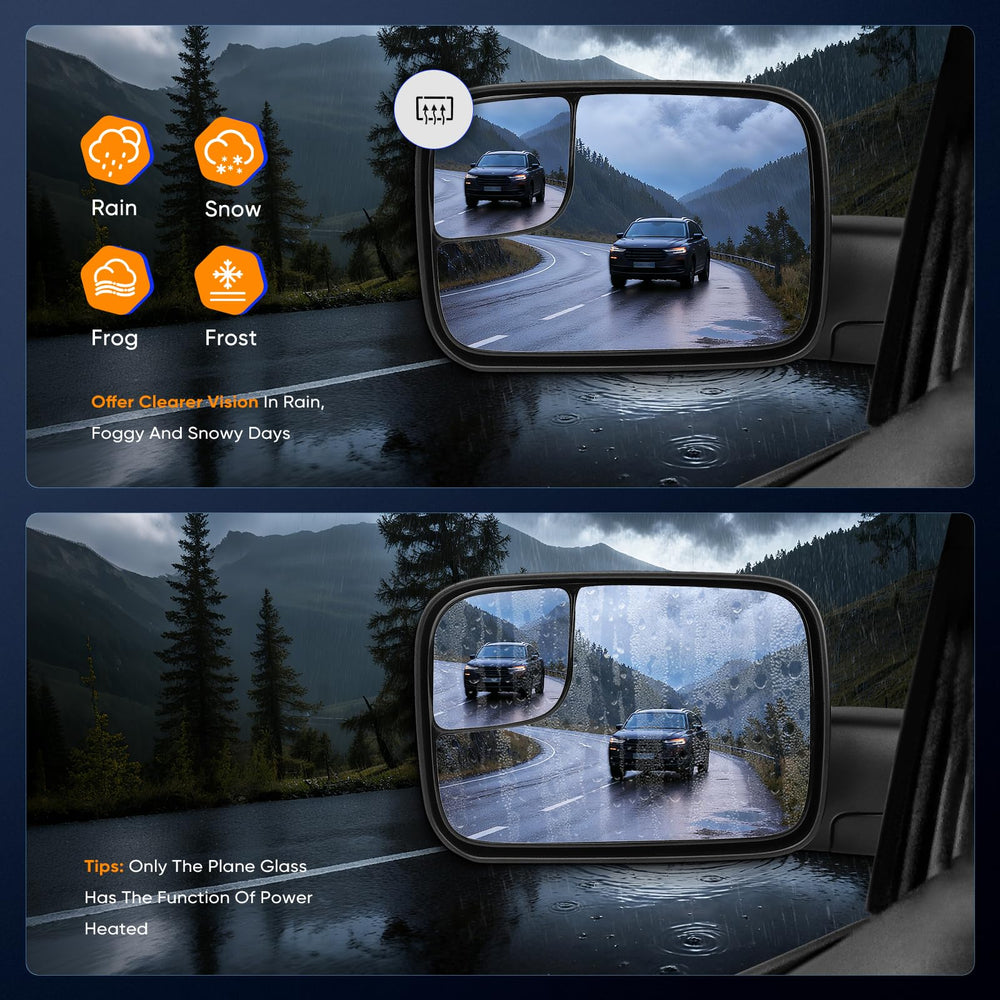 ECCPP towing mirrors heated feature defrosts the mirror surface.
