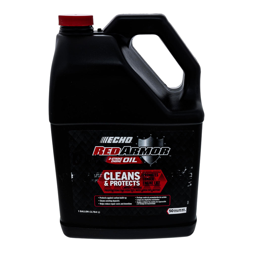 ECHO Red Armor bottle back label showing detergents for clean engines.