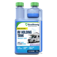 Eco Strong RV Toilet Treatment bottle pour eases waste breakdown in black tanks.