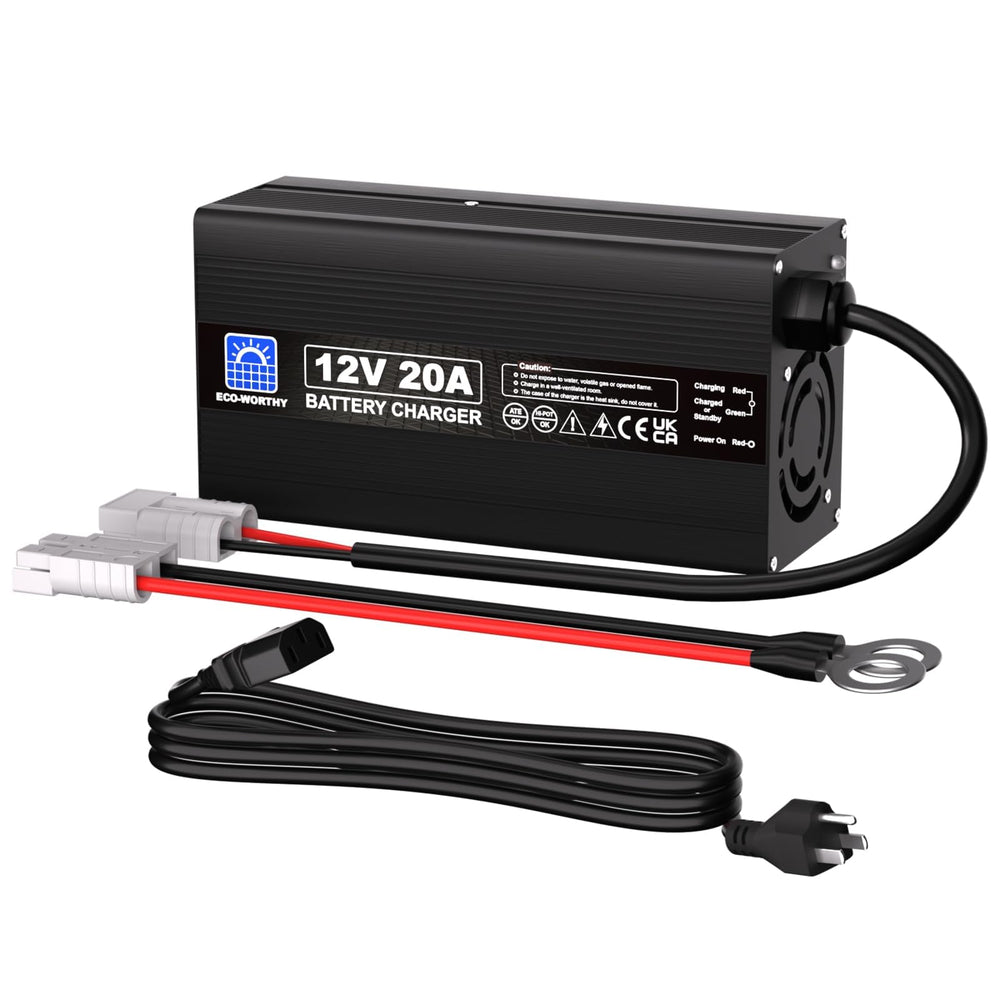 Eco-Worthy 12V 20A LiFePO4 charger front view for quick, safe charging.