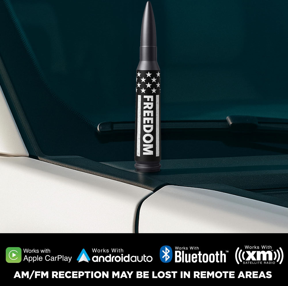EcoAuto bullet antenna topper on Ford F-250 adds attitude while preserving reception.