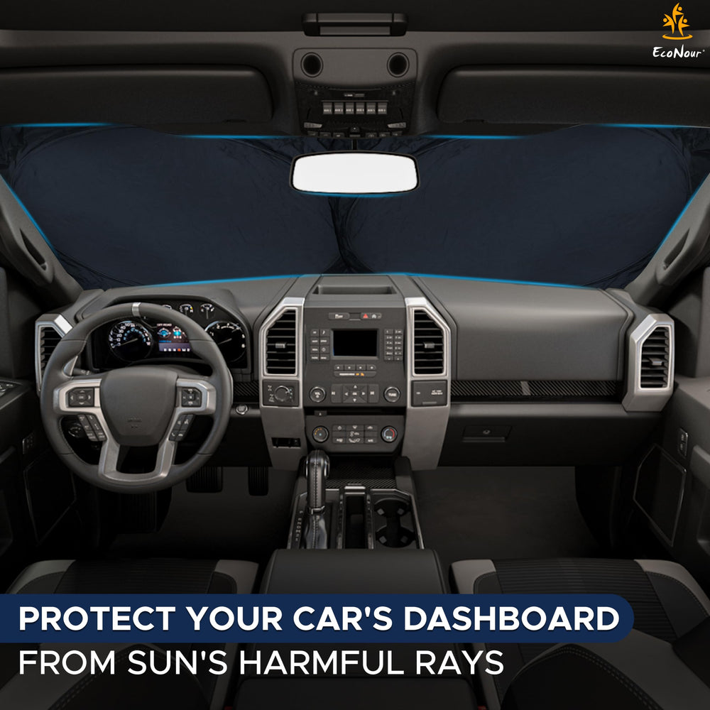 EcoNour windshield sun shade shown on a windshield for full coverage and cooling.