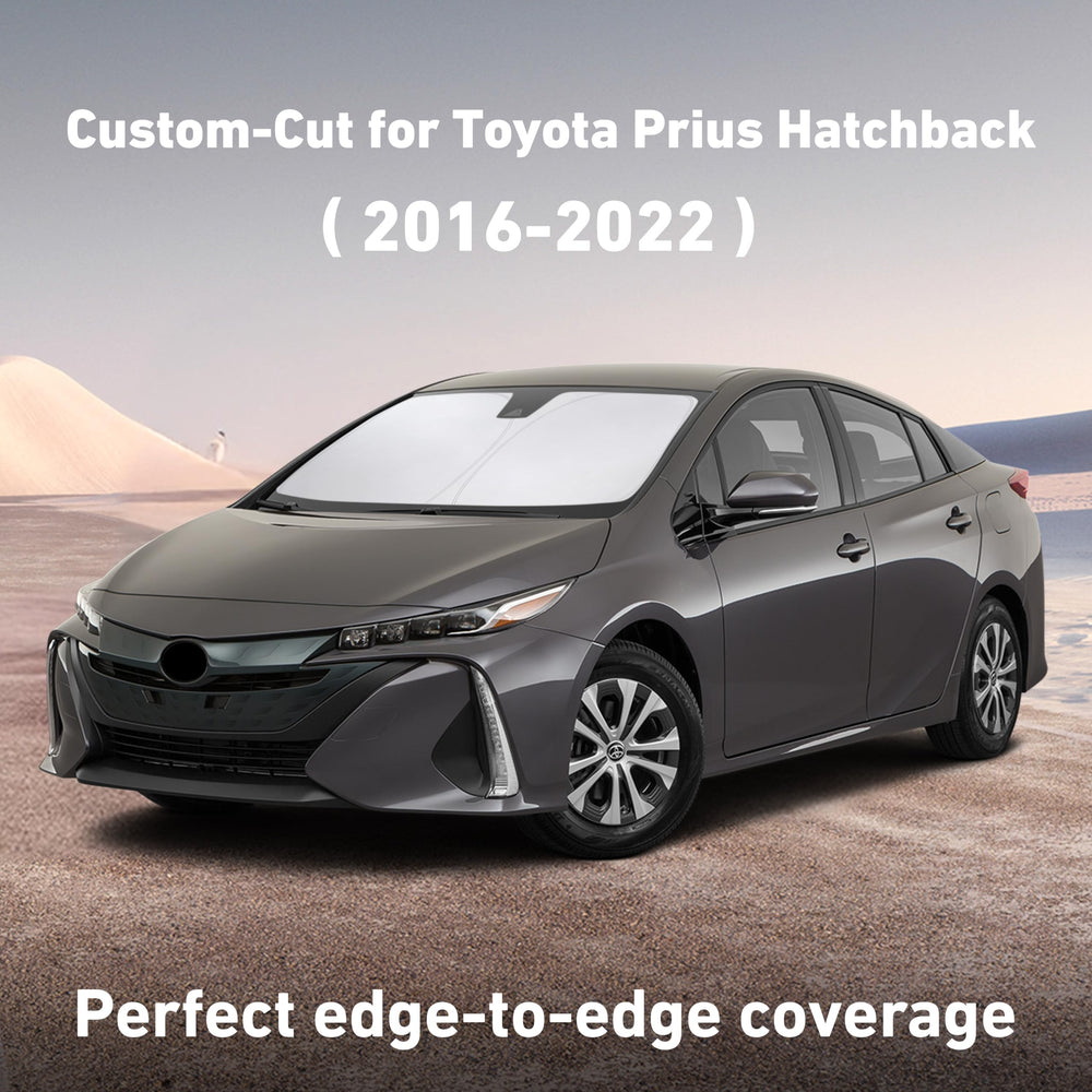 EcoNour windshield shade deployed over Prius windshield providing full coverage