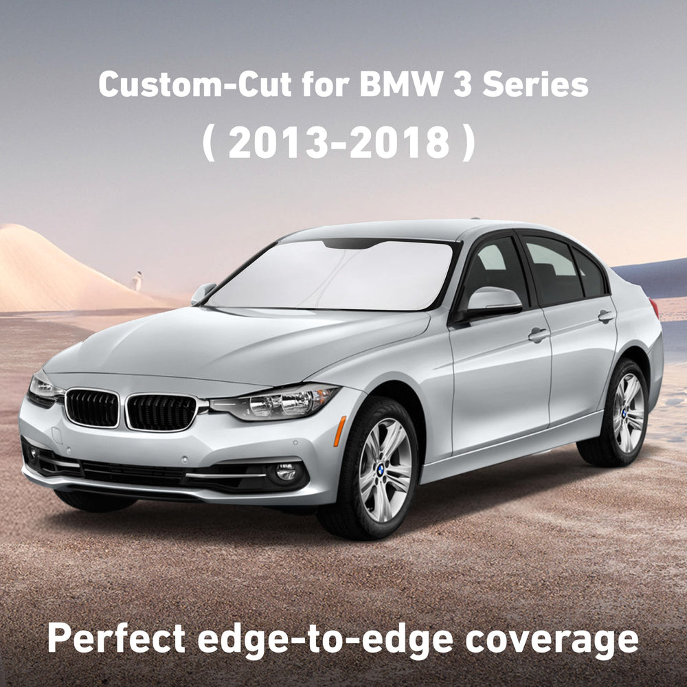 EcoNour Windshield Sunshade folded for storage fits in the glove box, BMW 3 Series.