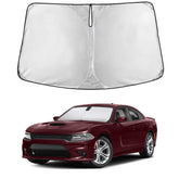 EcoNour windshield sunshade for Dodge Charger, front view showing full windshield protection.