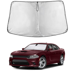 EcoNour windshield sunshade for Dodge Charger, front view showing full windshield protection.