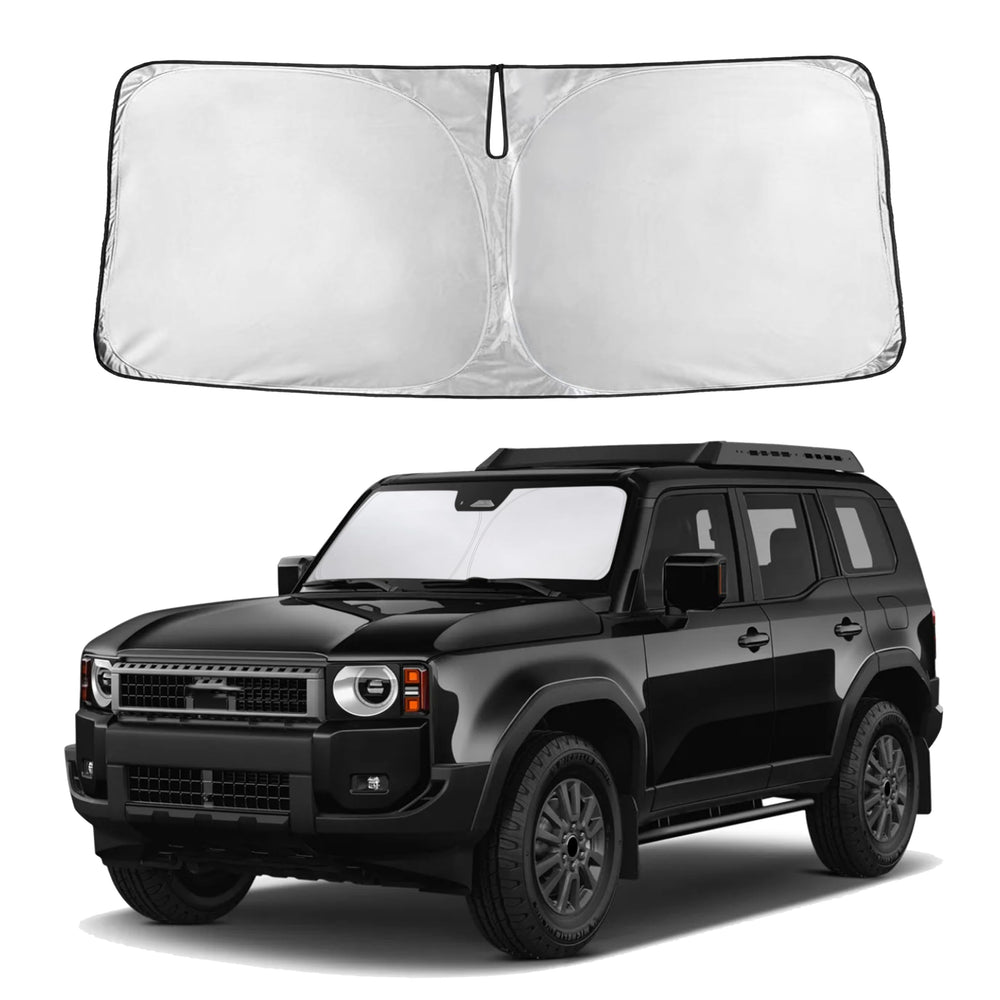 EcoNour windshield sunshade full-coverage view protects the Land Cruiser interior from sun glare