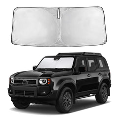 EcoNour windshield sunshade full-coverage view protects the Land Cruiser interior from sun glare