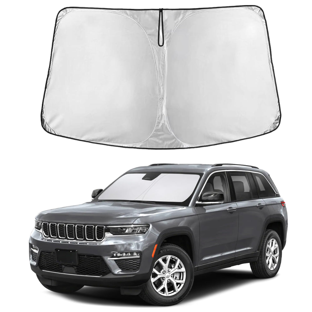 EcoNour windshield sunshade on Jeep Grand Cherokee front window blocks heat and UV