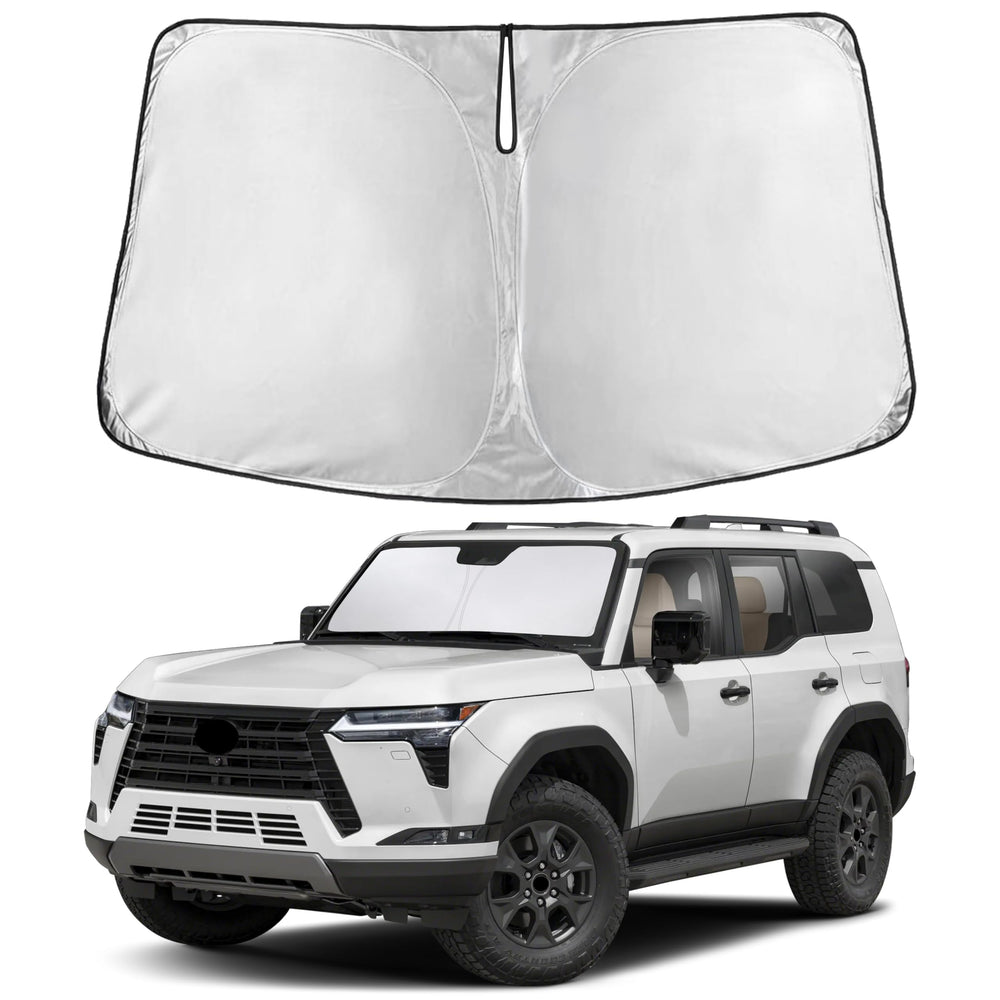 EcoNour windshield sunshade on Lexus GX550 front windshield offering full coverage and glare reduction.