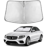 EcoNour windshield sunshade on Mercedes E-Class showing full windshield coverage and glare reduction