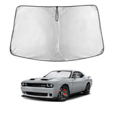 EcoNour windshield shade for Dodge Challenger front view blocks heat and UV rays.