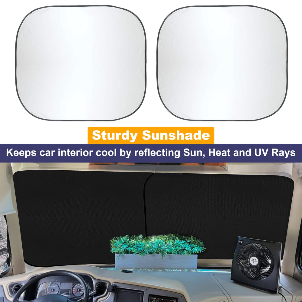 EcoNour two-piece front window shade setup reduces glare on sunny days.