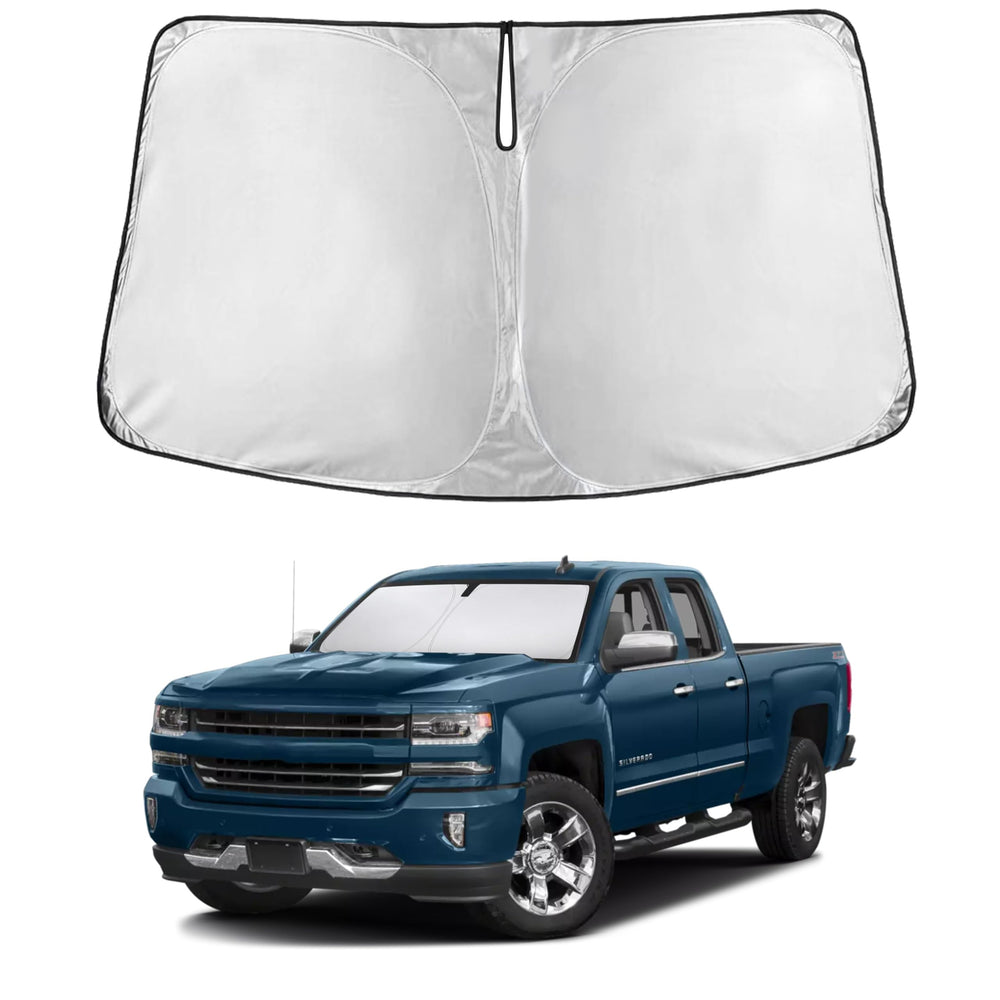 EcoNour windshield sunshade for Silverado/Sierra — front view blocks sun and cools interior.