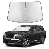 EcoNour windshield sunshade front view on Nissan Pathfinder improving visibility and UV protection