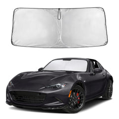 EcoNour windshield sunshade for MX5 Miata front view blocks glare and heat.