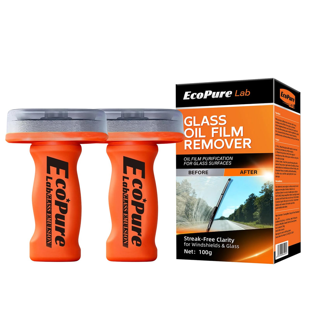 EcoPure Lab Glass Oil Film Remover with handle restores windshield clarity by removing oil film.