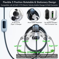 Ecotome J1772 plug holster swivels with notches to protect the plug during storage.
