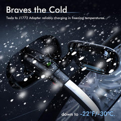Ecotome Tesla to J1772 adapter durable materials withstand temperature extremes.