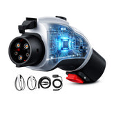 Ecotome Tesla-to-J1772 adapter front view highlighting compact portability.