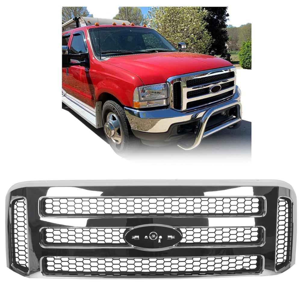 ECOTRIC front grille for Ford F-250/F-350 chrome mesh close-up showing durable chrome finish