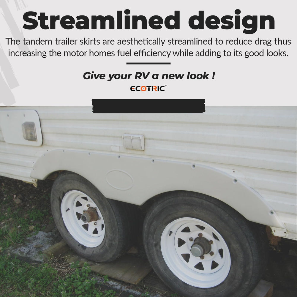 ECOTRIC RV fender skirt side view for tandem axles, helps aero appeal.