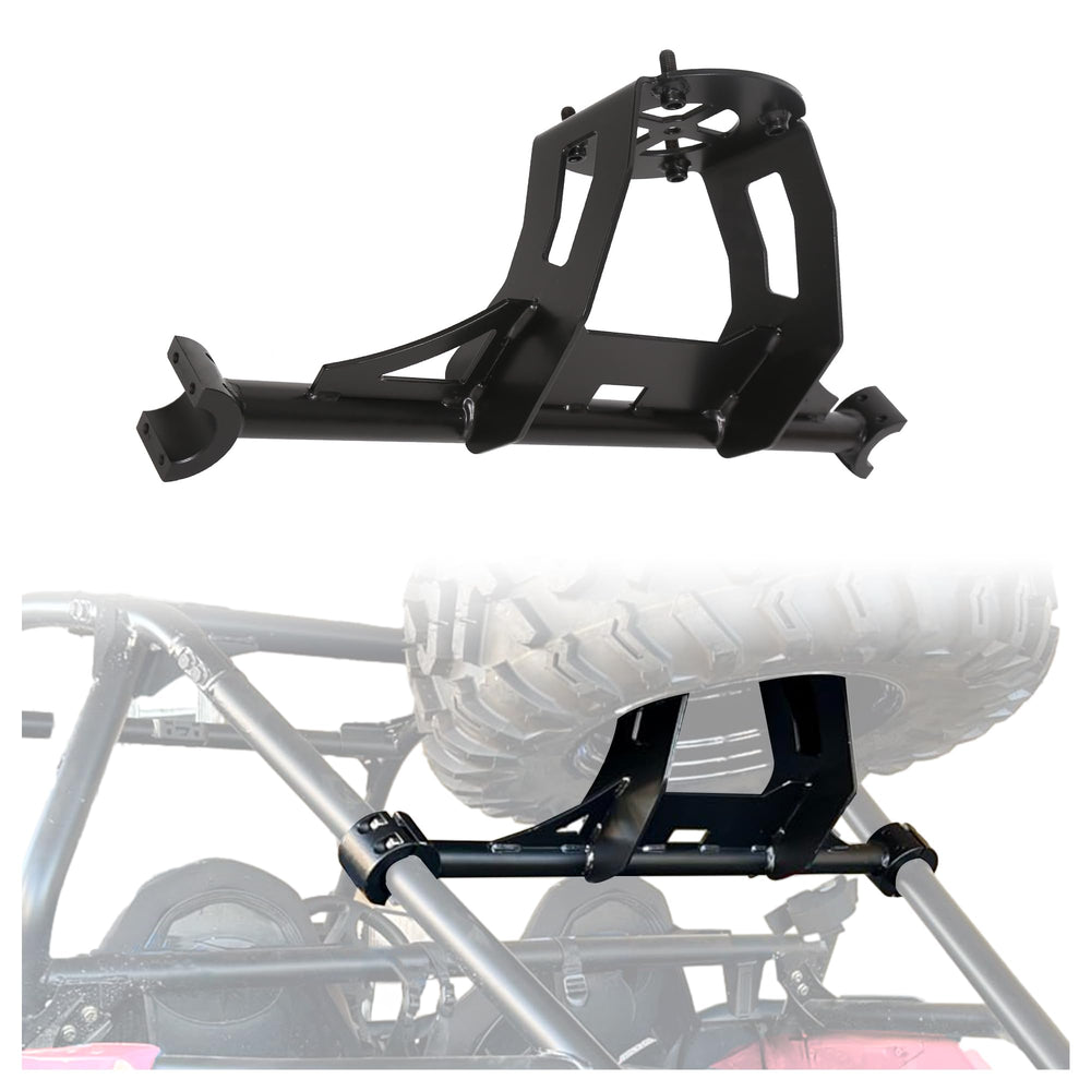 ECOTRIC spare tire carrier rack mounted on a RZR for enhanced off-road readiness.