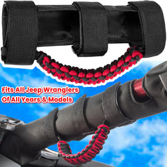 550 paracord grip in red provides durable, comfortable handholds on rough roads.
