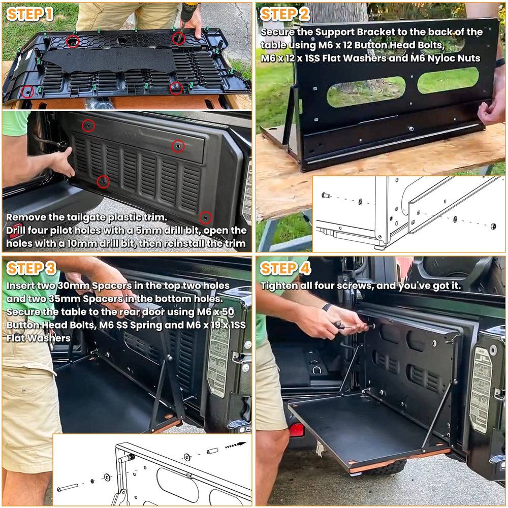 E-cowlboy cargo shelf function as a portable work surface for tailgates and trips.