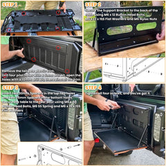 E-cowlboy cargo shelf function as a portable work surface for tailgates and trips.