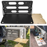 E-cowlboy drop-down table fitted to Jeep Wrangler for secure rear door mounting and ready outdoor use.