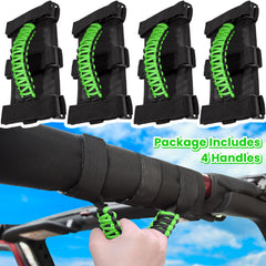 Easy install green E-cowlboy grip secure on roll bar without tools