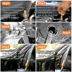 Extended hose with Schrader valve for easy purge access on diesel engines.