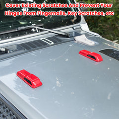 No-drill adhesive hinge cover applied to Jeep hinge area, red trim