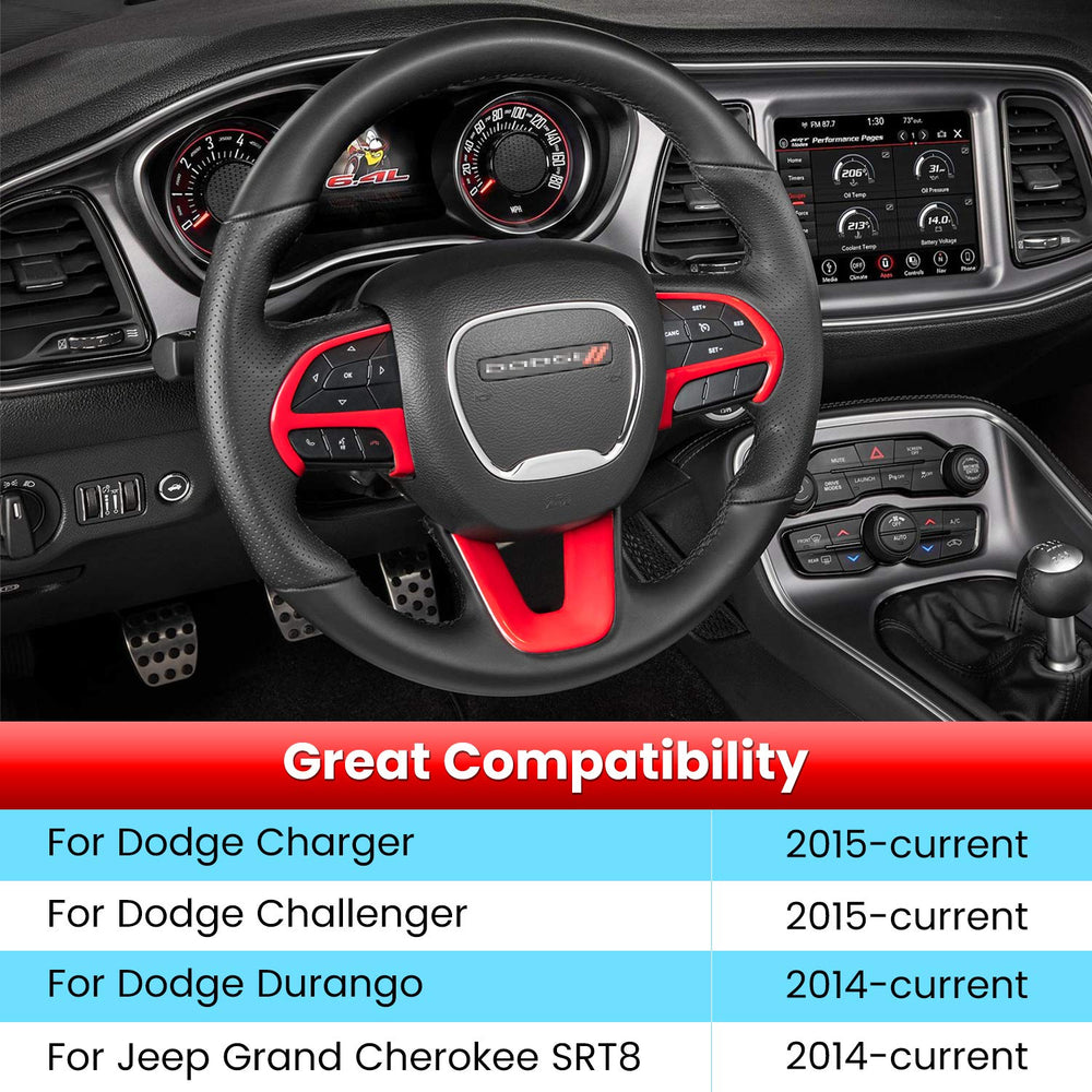 E-cowlboy red steering wheel trim protects Charger/Challenger from scratches.