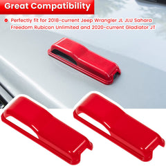 Close-up of E-cowlboy red hinge cover on Wrangler JL/JLU for bold exterior upgrade