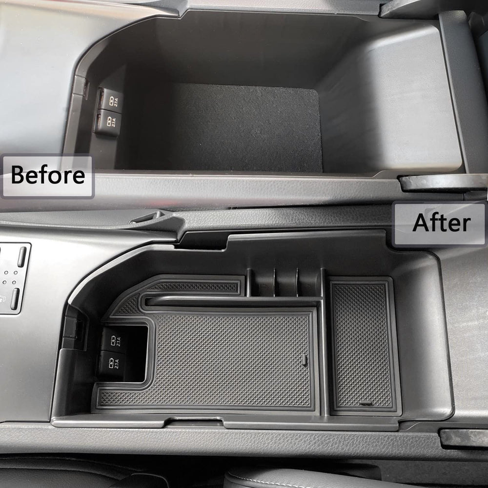 EDBETOS Camry console tray top view highlights split storage layers for organization.
